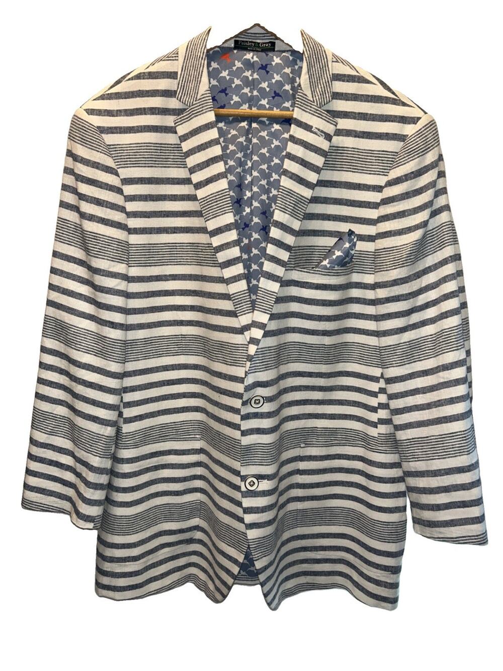 Paisley & Gray Mens 46R Blazer Sport Coat Striped Linen Slim Fit W Pocket Square
